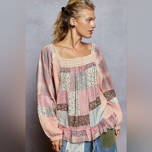 POL Patchwork Floral Gauze Babydoll Top with Crochet Trim & Plaid Sleeves